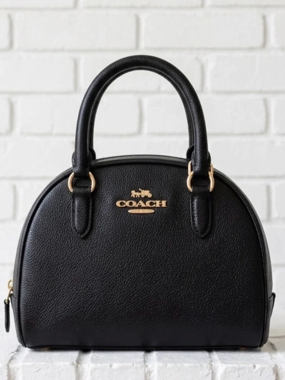 Coach Black Leather Dome Sydney Satchel with Gold Hardware